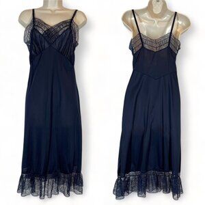 Vintage Van Raalte Slip Dress Nightgown Small 1950s Blue Nylon Lace Chemise